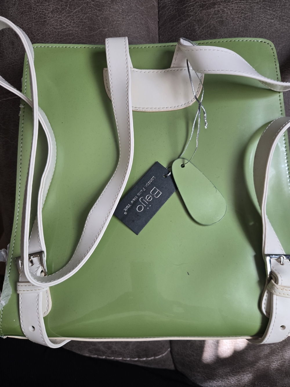 Beijo Lime Green Patent Tote with White Straps